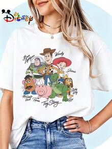Disney Licensed, Best-Selling Women's Print: Minnie Mouse Head, Diamond Sparkle, Bow, Fashionable And Cute Printed Short-Sleeved Crew Neck T-Shirt. Crew Neck, Casual, Comfortable, Stylish, And Versatile, Suitable For Spring, Summer, And Autumn. Optimistic Design, Elastic Fabric. - trắng - Xem 1