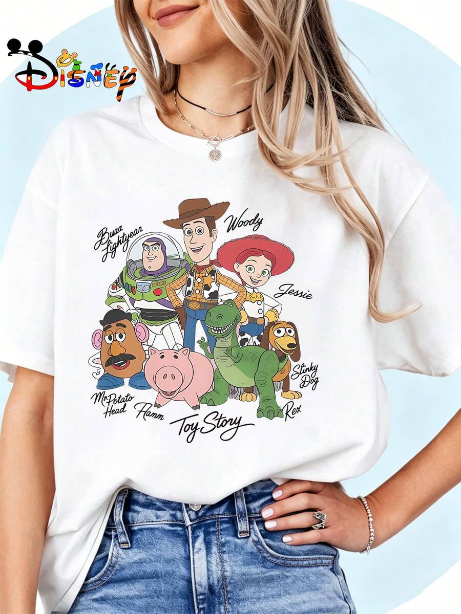 Disney Licensed, Best-Selling Women's Print: Minnie Mouse Head, Diamond Sparkle, Bow, Fashionable And Cute Printed Short-Sleeved Crew Neck T-Shirt. Crew Neck, Casual, Comfortable, Stylish, And Versatile, Suitable For Spring, Summer, And Autumn. Optimistic Design, Elastic Fabric. - trắng - Xem 1