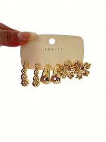 6/18PCS Women's Elegant Fashion Geometric Multi-Element Gold Metallic Earrings Set, Suitable For Party, Gift, Daily Wear, (Lightweight CCB Material, Non-Fading, No Ear Drooping Feeling) - Gold - View 10