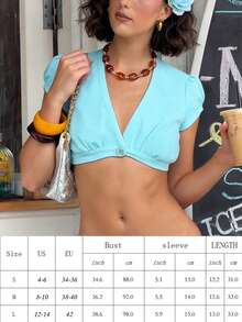 Women's Vacation V-Neck Puff Sleeve Cropped Top, Slim Fit Multiple Colors Spring Summer Wear, Perfect For Beach, Party, Daily Casual Outfit - 湖藍色 - 查看 11