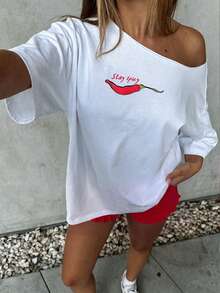 Hot Girl Hot Girl 圖案不對稱肩寬鬆大版短袖 T-Shirt 上衣 女款 夏季白色休閒 - 白色 - 查看 3