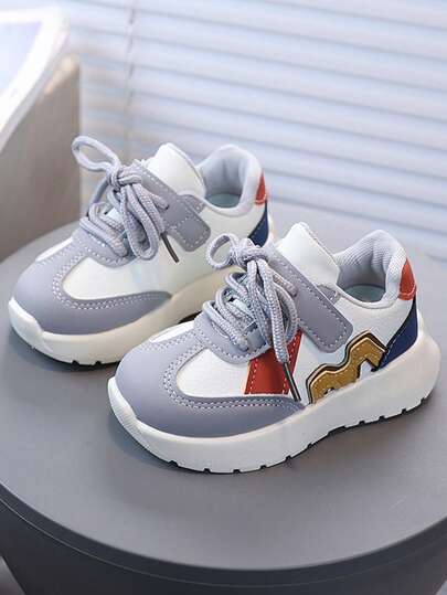 1 Pair Grey Spring New Children Sports Shoes, Fashion Boys Casual Shoes, Hook And Loop Student Girls Running Shoes