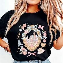 Disney Princess Style Bow Castle Oversized T-Shirt Unisex, 100% Cotton Vintage Short Sleeve Casual Top, Disney Girl Trip Graphic Print Tee - màu đen - Xem 1