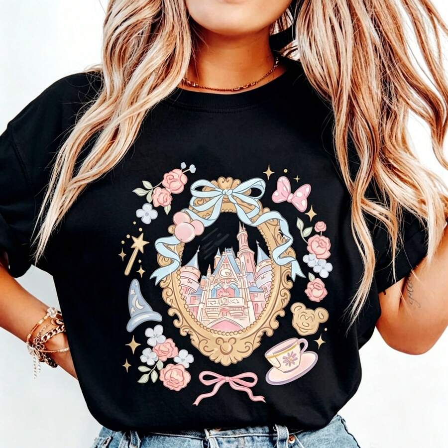 Disney Princess Style Bow Castle Oversized T-Shirt Unisex, 100% Cotton Vintage Short Sleeve Casual Top, Disney Girl Trip Graphic Print Tee - màu đen - Xem 1