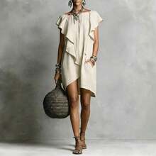 Women's Linen Blend Mini Dress, Boat Neck Ruffle Short Sleeve Asymmetrical Hem Shift Dress With Pockets, Casual Summer Outfit For Everyday & Vacation - 粉色 - 查看 10