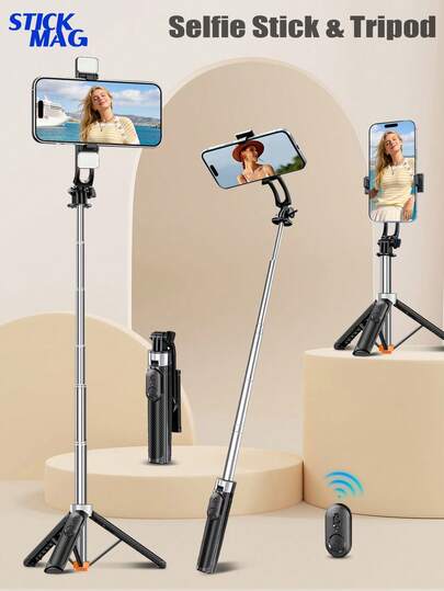 Tripod Tongkat Selfie yang Dapat Diperpanjang 75cm, Dudukan Ponsel All-In-One dengan Remote Nirkabel & Lampu Pengisi, Dudukan Ponsel Portabel Ringkas 16,5cm untuk Perekaman Video Vlog Selfie