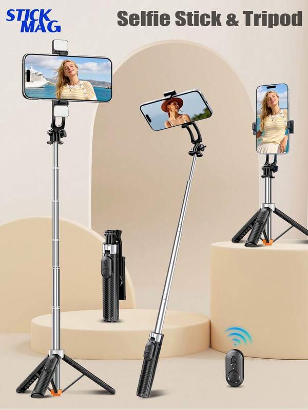 Tripod Tongkat Selfie yang Dapat Diperpanjang 75cm, Dudukan Ponsel All-In-One dengan Remote Nirkabel & Lampu Pengisi, Dudukan Ponsel Portabel Ringkas 16,5cm untuk Perekaman Video Vlog Selfie