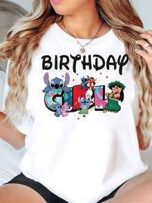 Stitch And Lilo Birthday Girl Disney Women T Shirt Round Neck Short Sleeve Casual Wear For Birthday Party Soft Comfortable 220g - trắng - Xem 1