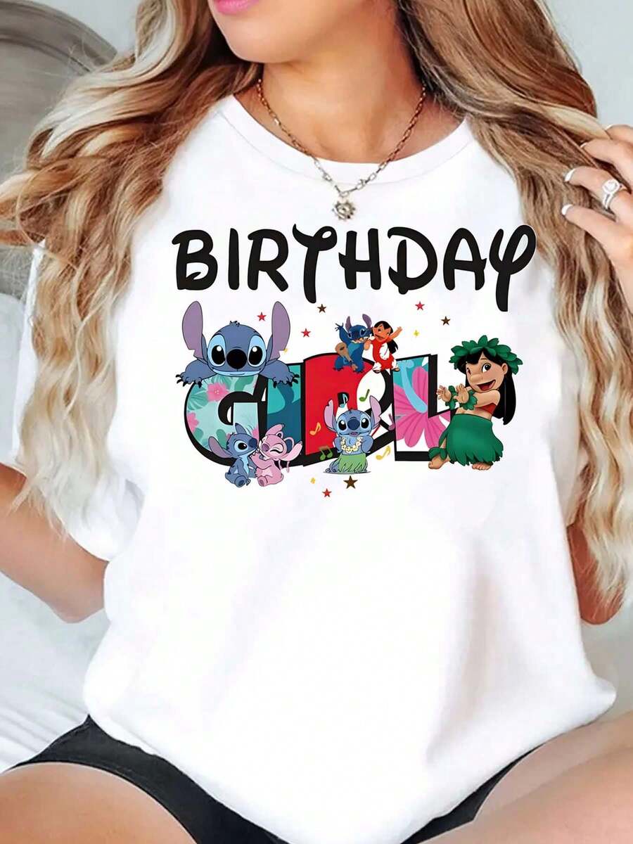 Stitch And Lilo Birthday Girl Disney Women T Shirt Round Neck Short Sleeve Casual Wear For Birthday Party Soft Comfortable 220g - trắng - Xem 1