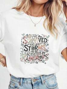 1 Women's T-Shirt With Floral Print And Lettering. - White 1 - View 5