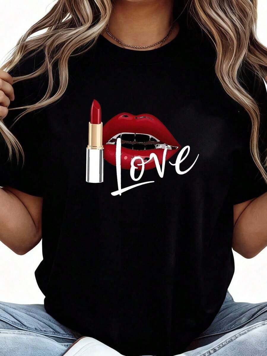 Funny Lipstick Design T-Shirt-1 - Black 3 - View 1