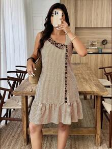 Weeklong Vestido de línea A con cuello asimétrico, parches y estampado de leopardo, contraste de colores, para mujer talla, casual, para vacaciones, primavera/verano - Multicolor 2 - Ver 4
