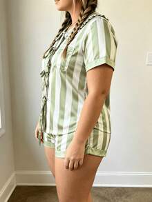 Women's Plus Size Pajama Set Striped Sleepwear Short Sleeve Doll Collar Ruffle Button Down Tops And Shorts 2 Piece Lounge Set - Army Green - View 8