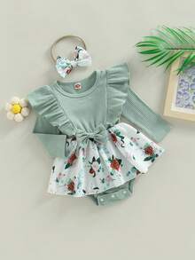 Mono de bebé niña para primavera y otoño, con estampado floral acanalado, volantes y manga larga, además de diadema con lazo. - tinta verde - Ver 5