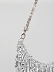 Elegant Shiny Solid Color Pendant Patchwork Handbag, Fashion Retro Chain Shoulder Bag, Mini Clutch Purse, Suitable For Party Girls, Brides, College Students, Career Women, Perfect For Party, Wedding, Matching Accessories, Pattern Randomly Sent - Silver - View 7