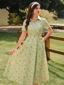 Vestido de mujer elegante y vintage con bolsillos y cinturón, vestido camisero con estampado floral, cierre con botones, vestido casual para ir y venir, vacaciones, vestidos de verano para mujer, atuendos de vacaciones de verano, atuendos de primavera para mujer, vestidos de primavera para mujer, ropa de primavera para mujer, atuendos de vacaciones de primavera, vestidos elegantes para fiestas, vestidos elegantes para fiestas para mujer, vestido de invitada de boda para mujer, vestido de fiesta de boda, vestido de graduación, vestidos elegantes para ceremonias, vestidos elegantes para mujer, vestido formal - Verde - Ver 6
