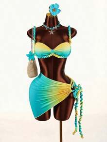 Conjunto de traje de baño de 3 piezas con detalles de lino para mujer, que incluye bikini y cubre con lino, adecuado para vacaciones en la playa y uso diario, sexy, lindo, elegante, nueva llegada - Multicolor - Ver 6