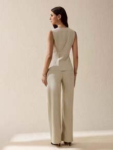 Tall Conjunto de 2 piezas de chaleco y pantalones de unicolor elegante para commuter for mujeres - Caqui - Ver 3