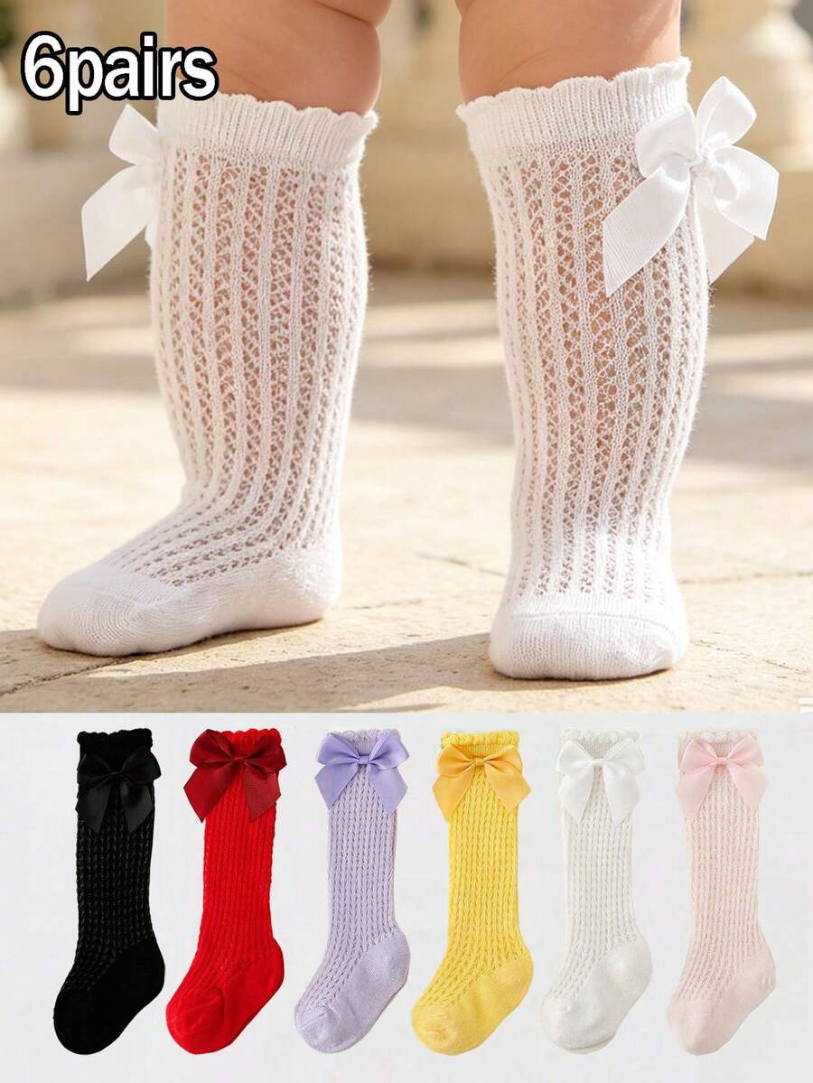 6 Pairs Baby Girls' Socks, Infant Bow Cotton Lace Mesh Over-The-Knee Socks For Summer, Newborn Princess Long Socks