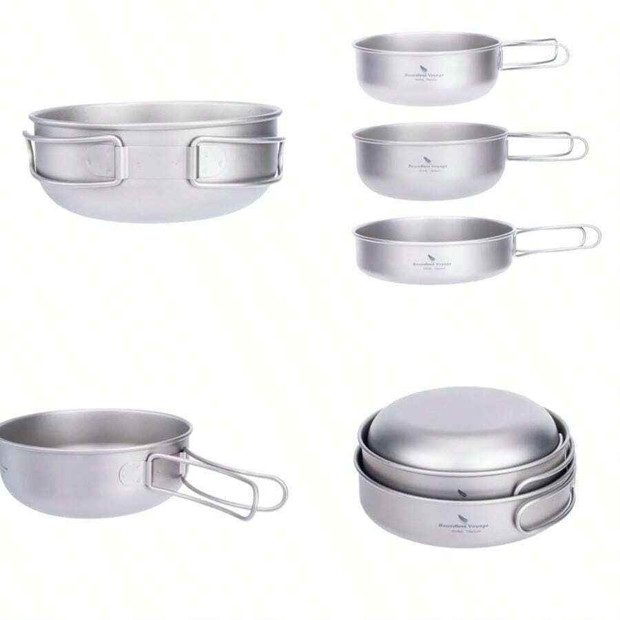 iBasingo 3-Piece Set Titanium Pot Set Camping Cooking Pan with Folding-Handle Outdoor Camp Cookware Pot Sets - Ti1571I 3 piezas - Ver 1