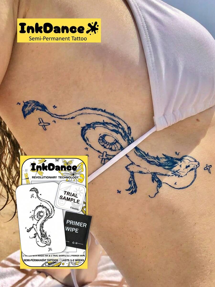 1 Set "Spirit Of The Sky Dragon - Sketch Version" New Technology Tattoo Stickers, Temporary Tattoo, Semi-Permanent, Fake Tattoo, Waterproof & Long-Lasting, Realistic Design, Monarch's Roar, Plant-Based Formula, Holiday Gift Body Art D270 - Black - View 1