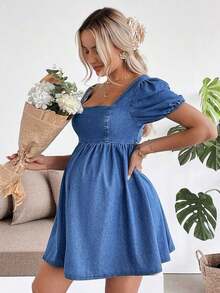 Vestido corto de maternidad de mezclilla azul con mangas de pétalo - Azul 2 - Ver 2