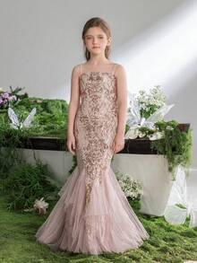 Vestido de fiesta con tirantes de sirena y lentejuelas rosa claro para niña preadolescente, adecuado para fiestas de cumpleaños y ceremonias de niña de las flores - perfecto para Pascua y eventos de primavera - Champán - Ver 4