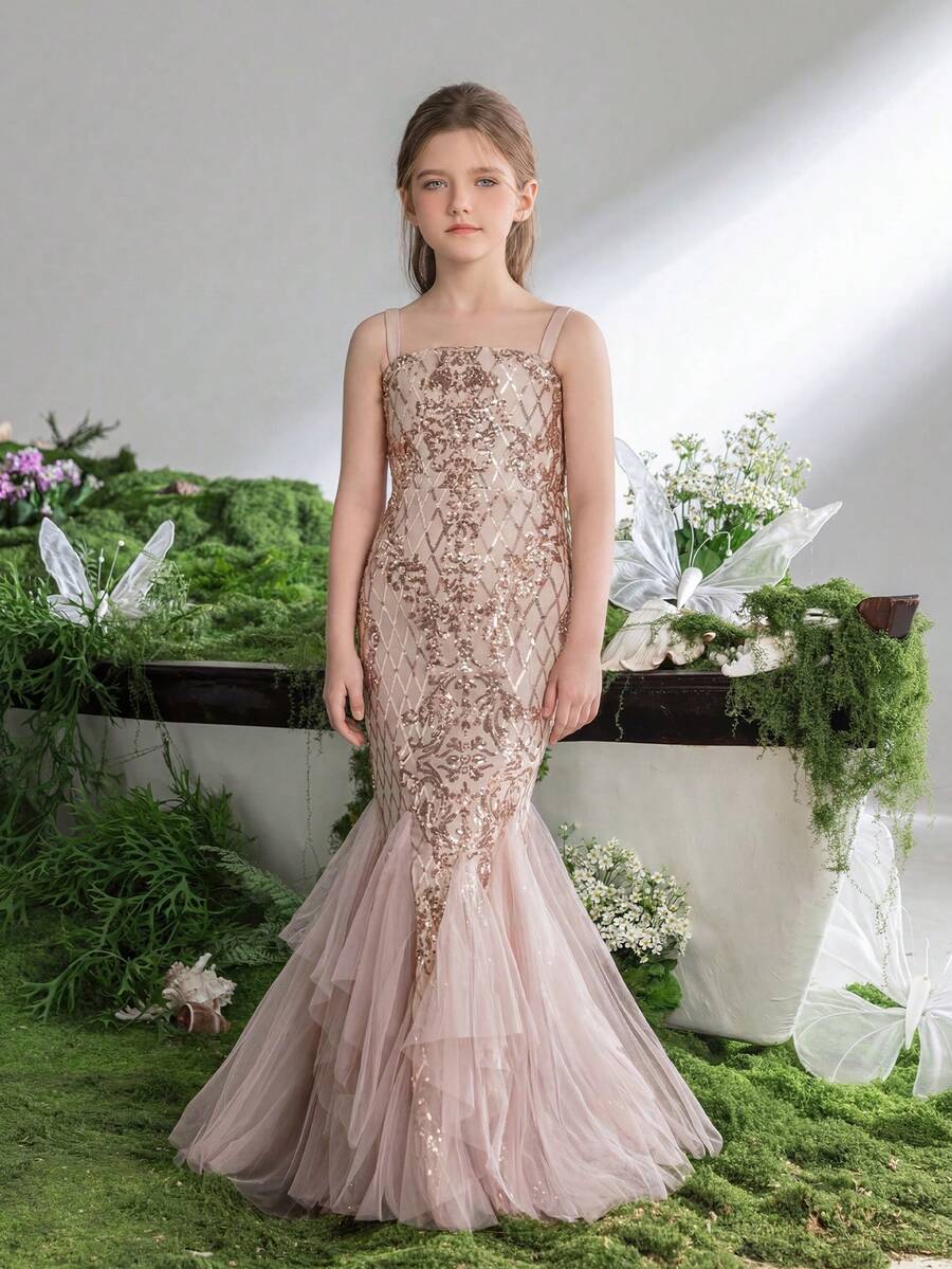 Tween Girl Light Pink Spring Sequin Mermaid Strap Party Dress, Suitable For Birthday Party And Flower Girl Ceremony - Perfect For Easter And Spring Events