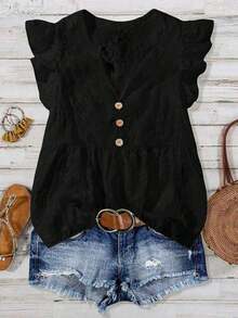 Blusa casual de algodón con estampado, escote en V y mangas con volantes, para vestimenta de resort - Negro - Ver 1