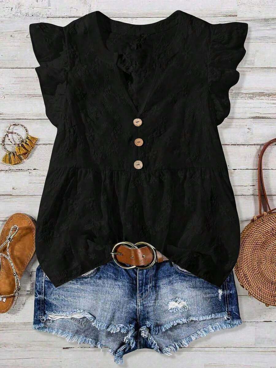 Blusa casual de algodón con estampado, escote en V y mangas con volantes, para vestimenta de resort - Negro - Ver 1