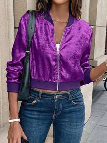 Chaqueta de béisbol con cremallera metálica dorada, puños acanalados, ajuste slim, elegante y versátil, cárdigan corto para ropa de fiesta de Año Nuevo - Morado 2 - Ver 5