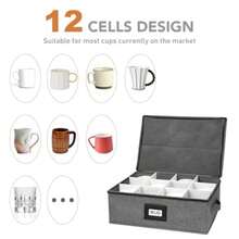 Caja de almacenamiento para copas de vino con divisores capacidad para 12 copas de vino de tamaño estándar cubeta de microfibra acolchado duradero con asas de transporte gris (sin vasos - Gris - Ver 4