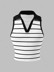 Blusa sin mangas de estilo casual con cuello de solapa y contraste de color a rayas, adecuada para salidas diarias en primavera/verano - Blanco y Negro - Ver 2