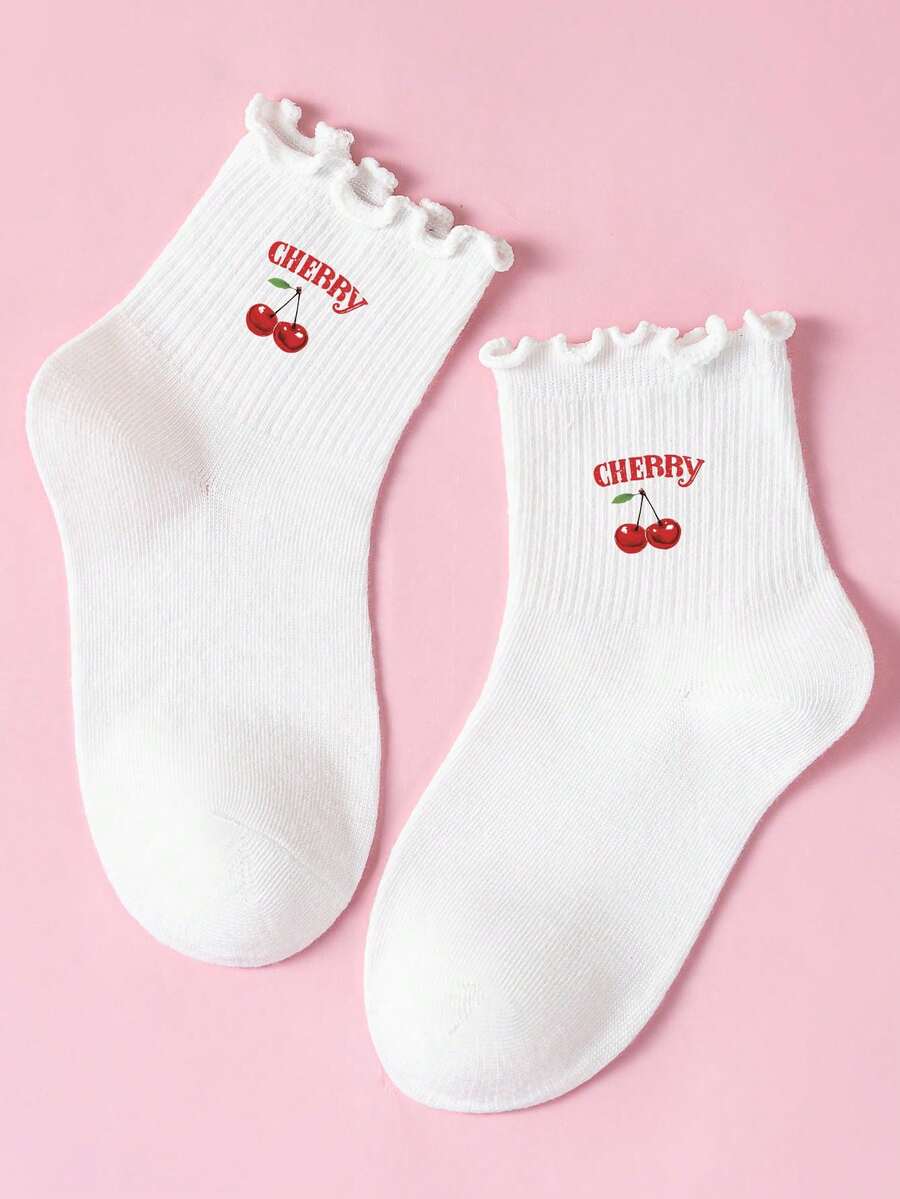 1/5/10 Girls' Ruffled Cherry Letter Mid-Calf Breathable White Sweet Student Everyday Versatile Children's Socks - Multicolor - View 1