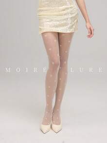 MOIRÉALLURE 女款時尚經典高腰超薄透明百搭絲滑緹花褲襪，適合日常通勤與夜店 - 奶白色 - 查看 7