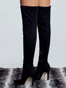 Women's Suede Pointed Toe Side Zipper Thigh High Boots, Sexy Classic Fashion Boots For Autumn/Winter - Black - View 3
