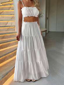 Bộ đồ hai mảnh màu trắng mùa hè dáng casual của Vellofy dành cho nữ, áo croptop hai dây xếp ly kết hợp với chân váy dài nhiều lớp, thích hợp cho kỳ nghỉ biển thanh lịch. - trắng - Xem 9