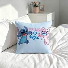 Disney Lilo & StitchCushion Cover Cover, Cute Jumping Stitch And Angel With "Stitch & Angel" Lettering DecorativeCushion Cover, Soft Light Blue Squarefor Kids Bedroom Sofa Couch - Color - View 3