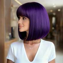 12 Inch Purple Short Straight Wig With Bangs, Natural Fluffy Straight Hair Style, Adjustable Wig Cap Suitable For All Women, Halloween Party Cosplay And Daily Wear - Purple - View 4
