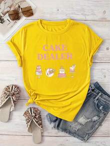 [Último Modelo] Camiseta Estampada con Diseño Cake Dealer, Camiseta Básica Casual de Cuello Redondo, Camiseta de Manga Corta para Vacaciones de Primavera/Verano, Ropa Deportiva para Mujer, Ropa Nueva para Mujer, Lavable a Máquina - Verde Oscuro - Ver 8