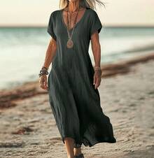 Loose-Fitting Solid Color V-Neck Cotton-Linen Women's Dress - White - View 9