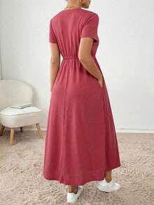 Vestido midi con cordón en la cintura, bolsillo lateral, ropa de regreso a la escuela, ropa de mujer para otoño, atuendos de maestra, vestido de despedida de soltera, vestidos casuales de mujer, vestidos midi de mujer, vestidos de trabajo de mujer, vestidos de otoño para mujer, vestidos maxi de mujer, disfraz de Halloween, vestido casual de negocios, vestidos de verano para mujer - Rojo - Ver 2