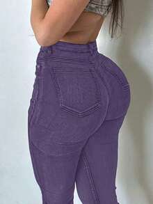 GILIPUR Jeans acampanados de talle alto para mujer estilo Y2K, pantalones vaqueros ajustados de color verde militar vintage, elásticos, elegantes y de moda, fondo versátil y casual para primavera - Morado - Ver 7