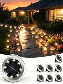 Conjunto de 4/8/10 focos solares para paisaje, luces de jardín LED de acero inoxidable para exteriores, luces solares de sendero impermeables de 8 LED que emiten una luz blanca suave y hermosa, adecuadas como regalo para fiestas. Apropiadas para patios, céspedes, caminos y campamentos, agregando un toque soñador a su jardín. - redondo - Ver 3