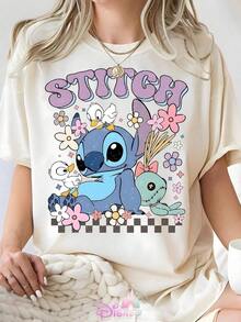 Disney Lilo & Stitch Cute Stitch & Scrump Graphic Oversized T-Shirt, Retro Cartoon Sweetheart Vacation Tee For Women - White - View 1
