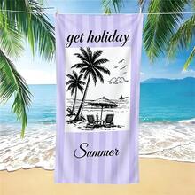 1件淡紫色垂直條紋棕櫚樹印花超柔軟超細纖維沙灘巾，多種尺寸可選，輕便沙灘毯，適合游泳、露營、運動、沙灘或健身房，沙灘配件 | 現代沙灘巾 | 耐用沙灘墊，沙灘巾 - 淺紫豎條紋 - 查看 1
