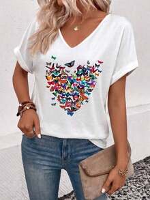 Camiseta casual y versátil para primavera/verano con cuello en V, puños acampanados y estampado degradado en forma de corazón - Multicolor 2 - Ver 6