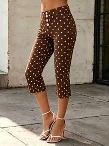 Womens Capri Pants Elegant Solid Color Front Button Decor Slim Fit Cropped Trousers For Daily Wear Party Vacation - Dark Brown - View 7