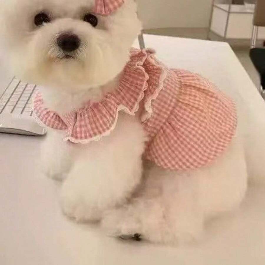 1 pièce Robe à manches volantées à carreaux style britannique pastoral mignon - Rouge et Blanc - Voir 1