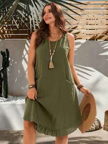 EMERY Vestido de verano casual de talla para mujer, de color verde militar sólido, sin mangas, con volantes en el bajo y parches de encaje en la espalda - verde militar 2 - Ver 3